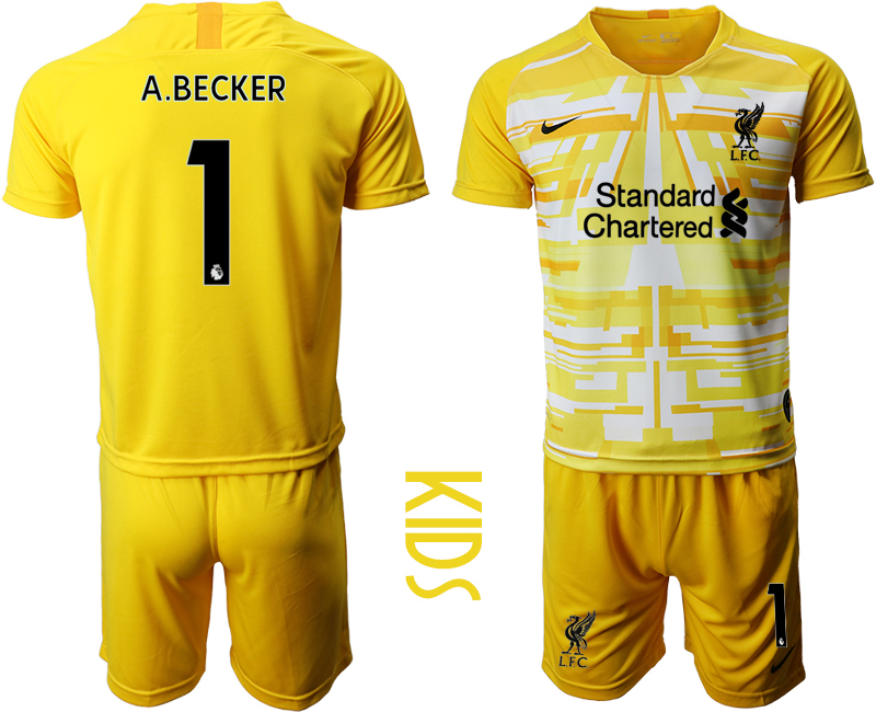 Youth 2020-2021 club Liverpool yellow goalkeeper #1 Soccer Jerseys